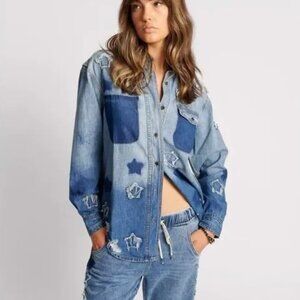 One Teaspoon Star Everyday Denim Shirt Blue Star Distressed Sz S NWT